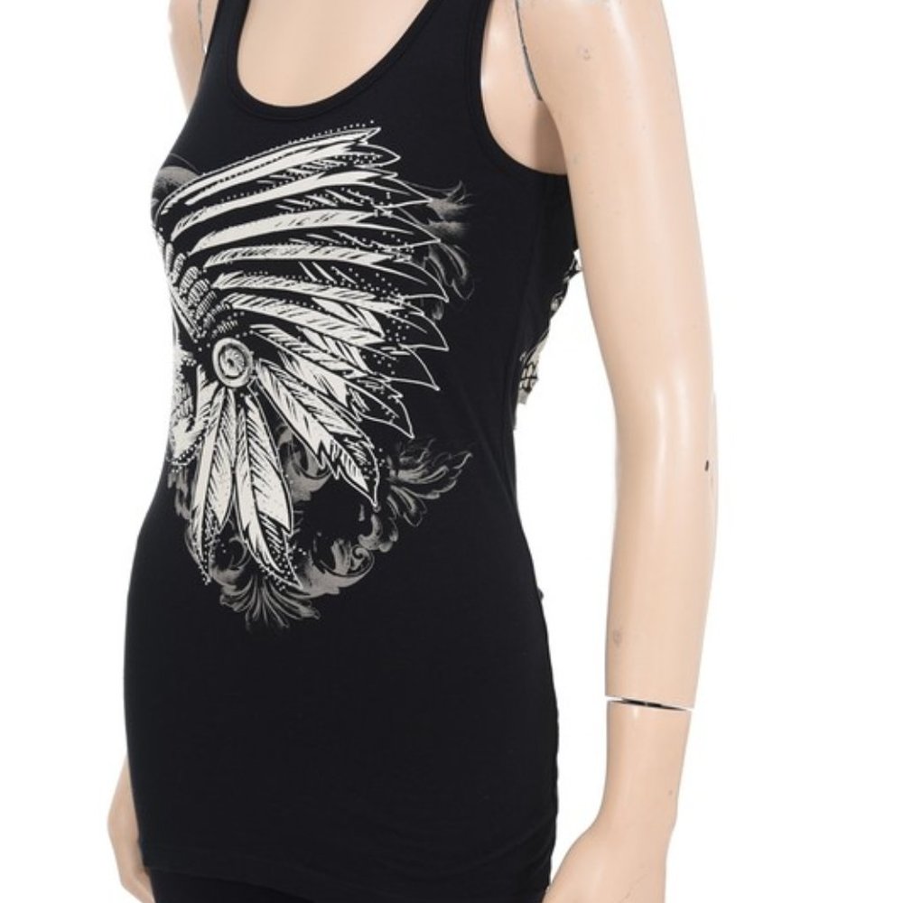 Rhinestone Indian Chief Skull Black Tunic Tank Top
